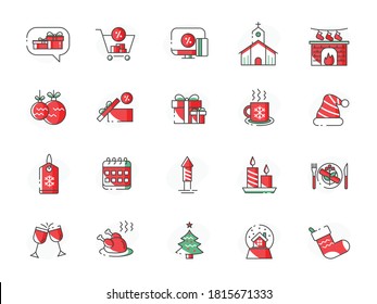 Christmas line icon set on red and green. Winter holiday collection symbols. Winter sale for web design and mobile app, outline style pictogram package isolated on white background. Vector graphic