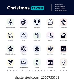 Christmas Line Icon Set – Pixel Perfect Editable Stroke Vector Design