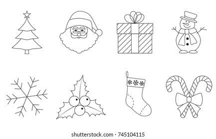 Christmas line icon set with Santa Claus, snowman, Christmas tree, gift box. Xmas decoration element. Vector illustration.