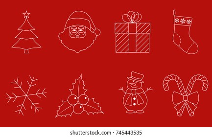 Christmas line icon set with Santa Claus, snowman, Christmas tree, gift box. Xmas decoration element. Vector illustration.