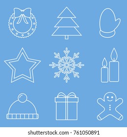 christmas line icon set, simple new year outline icon on blue background