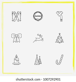 Christmas line icon set ski, wreath and bow etc