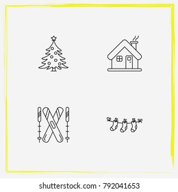 Christmas line icon set ski, sock and house