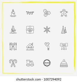 Christmas line icon set snowman, locomotive and mistletoe etc