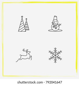 Christmas line icon set snowman, deer and christmas