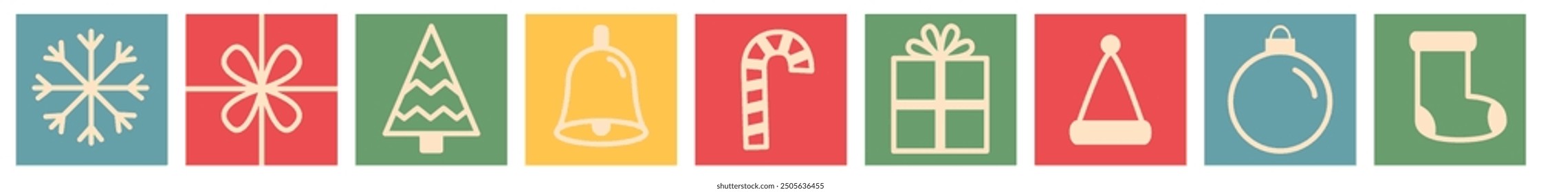 Christmas line icon set. Sock, snow flake, gift box bow, candy cane, ring bell, Christmas fir tree, Santa Claus hat, ball toy. Holiday sign symbol. Outline Xmas icons collection. Flat design. Vector