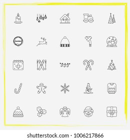 Christmas line icon set train, wreath and snowman