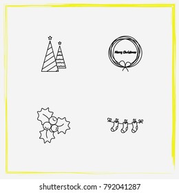 Christmas line icon set tree, mistletoe and sock