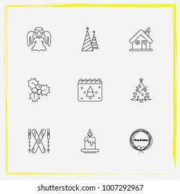 Christmas line icon set wreath, mistletoe and house etc