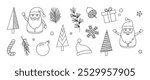 Christmas line icon, Xmas doodle, winter set outline design. Holiday decoration element. Santa Claus, gift box, candy cone, deer, ball, snowflake, hat, fir and pine tree. Season vector illustration