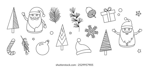 Ícone de linha de Natal, rabiscar de Natal, design de contorno de conjunto de inverno. Elemento de decoração de feriado. Papai Noel, caixa de presente, cone de doce, veado, bola, floco de neve, chapéu, abeto e pinheiro. Ilustração de vetor de estação