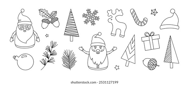 Icono de línea de Navidades, doodle de Navidad, diseño de contorno de conjunto de invierno. Elemento de decoración de Festiva. Papá Noel, caja de regalo, cono de caramelo, ciervo, bola, copo de nieve, sombrero, abeto y pino. Ilustración vectorial de temporada