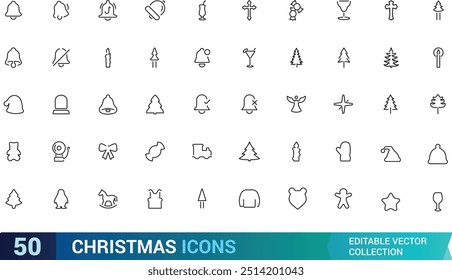 Christmas Line icons collections. Holiday symbol. Line Xmas icons collection. Holyday, Birthday selibrations and more, Outline icon collection. Editable stroke.