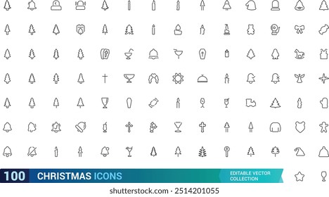 Christmas Line icons collections. Holiday symbol. Line Xmas icons collection. Holyday, Birthday selibrations and more, Outline icon collection. Editable stroke.