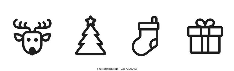 Christmas line icons. deer, christmas tree, gift and christmas sock. isolated vector images for winter holiday design