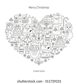 Christmas line icons in the form of heart. It can be used as design elements of packaging, greeting cards, invitations,