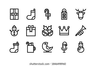 Christmas Line Icons Including Gift, Socks, Candy, Lamp, Deer, Snowman, Gift, Jingles, Crown, Trumpet, Socks, Mugs, Bird, Microphone, Snowman