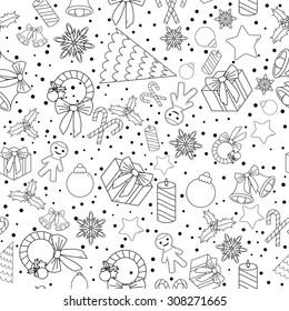 Christmas line icons seamless vector background. Seamless pattern can be used for wallpaper, pattern fills, web page background, surface textures. Gorgeous Christmas seamless  background