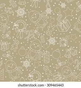 Christmas line icons seamless vector background. Seamless pattern can be used for wallpaper, pattern fills, web page background, surface textures. Gorgeous Christmas seamless  background