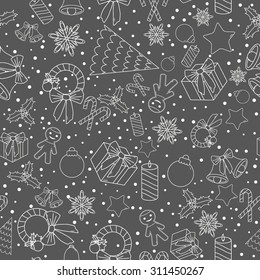 Christmas line icons seamless vector background. Seamless pattern can be used for wallpaper, pattern fills, web page background, surface textures. Gorgeous Christmas seamless  background