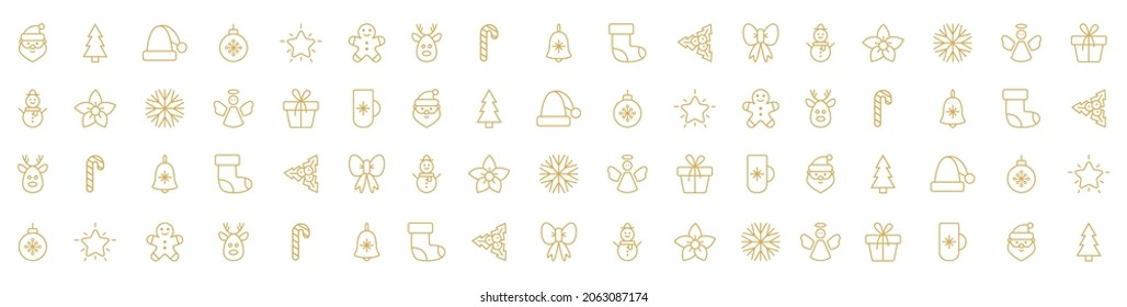 Christmas line icons set. Holiday outline symbol. Happy New Year long web banner. Snowflake, santa, gift angel, bow, reindeer snowman, tree, bow, sock candy design element. Vector illustration.