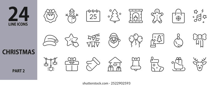 Christmas line icons set with Holiday, Gifts, Decorations, Santa Claus, Garlands, Snowflake, Lights and more. Editable Stroke