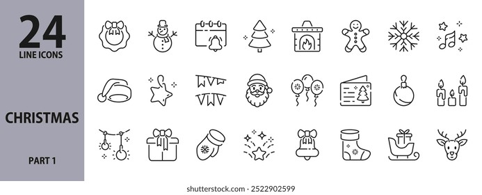 Christmas line icons set with Holiday, Gifts, Decorations, Santa Claus, Garlands, Snowflake, Lights and more. Editable Stroke