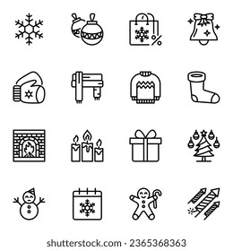 Christmas Line Icons set. holly, invitation, calendar, present, star, ornament, outline, event, greeting, hat, graphic, linear, ball, glove, happiness, clothes, snowflake