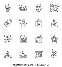 Christmas line icons set. linear style symbols collection, outline signs pack. vector graphics. Set includes icons as santa, flag, gift bag, fireworks, stars, glass, house, sock, sleigh, snowflake