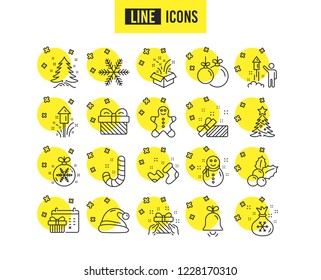 Christmas line icons. Set of Santa hat, Gingerbread man and Gift box linear icons. Fireworks, Snowflake and christmas holly symbols. Snowman, santa socks and Pine tree. Christmas vector