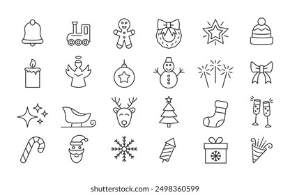 Conjunto de iconos de línea de Navidades. Copo de nieve, santa, regalo, invierno. Vector.