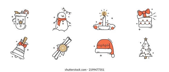Christmas line icons set. Vector illustrations of snowman, Santa's hat, Christmas tree, gift box, bell, candle, cinnamon sticks.
