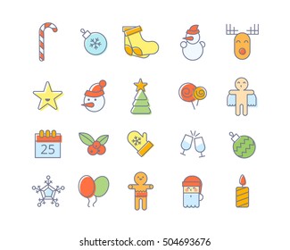 Christmas line icons symbols. Merry christmas symbols holidays winter decoration icons for greeting card.