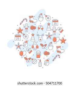 Christmas line icons symbols and pattern. New Year Icons in Circle Shape.