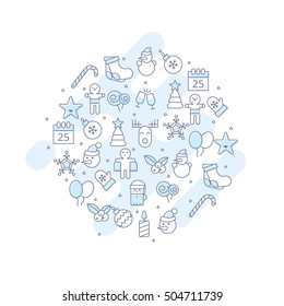 Christmas line icons symbols and pattern. New Year Icons in Circle Shape.
