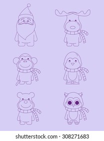 Christmas line icons, thin line style, flat design. Set of cute Christmas character. Vector cartoon illustration. Winter Collection.