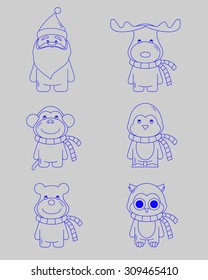 Christmas line icons, thin line style, flat design. Set of cute Christmas character. Vector cartoon illustration. Winter Collection.