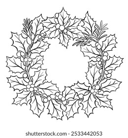Christmas line round floral wreath with holly branches and sharpie berries. Winter holiday decor for greeting cards, posters and templates. Line art cartoon vector icon.