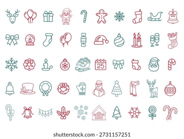 Natal Linha ícone vetor fino em design plano, conjunto de símbolos de Ano Novo sinais e elementos 
na ilustração de vetor isolado de plano de fundo branco, edite os traçados
