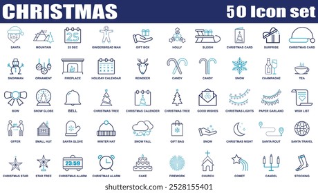 Christmas line web 50 icons set isolated. Colorful Collection of Xmas icons set. Set of Modern Flat Christmas Icons for Design Projects