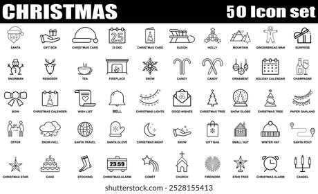 Christmas line web 50 icons set isolated. Black and White Collection of Xmas icons set. Set of Modern Flat Christmas Icons for Design Projects