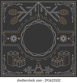 Christmas linear background, lineart postcard, hipster new year frame. 