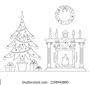 Christmas linear card with Christmas tree and fireplace. Interior decorated with the new year. Vector colorong page.