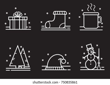Christmas linear icon set in black and white colors. Vector art.