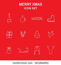 Iconos lineales de Navidad. Feliz Navidad ambientada en un fondo rojo. Iconos Web, pictograma, símbolo.
