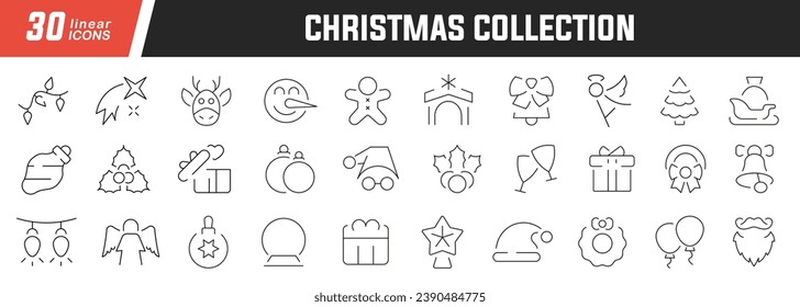 Christmas linear icons set. Collection of 30 icons in black