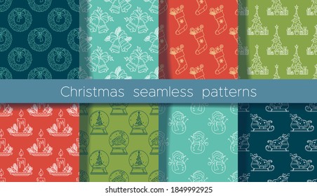 Christmas linear seamless patterns set. Color vector texture. Christmas tree and gifts, fireplace with socks,  snowman and wreath, snow globe with house. Outline wrapping paper, wallpaper design