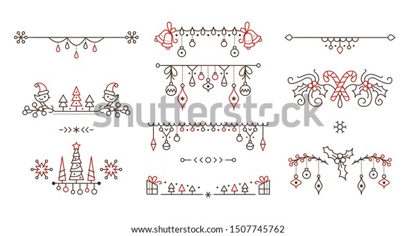 クリスマスの線形ベクター画像の飾り枠セット クリスマスの輪郭の飾り枠セット 冬季のホリデーページディバイダー分離型パック 年賀状のお祝いの飾り ぶら下がったボーブル のベクター画像素材 ロイヤリティフリー