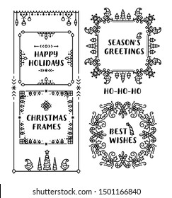 Christmas linear vector frame templates set. Winter season round and square decorative borders with text space. Best wishes and happy holidays congratulation greeting cards designs collection