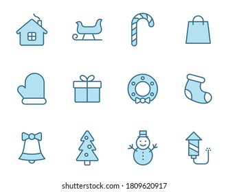 christmas linear vector icons set in two colors isolated on white background. christmas holiday blue line icons for web, mobile and ui design.